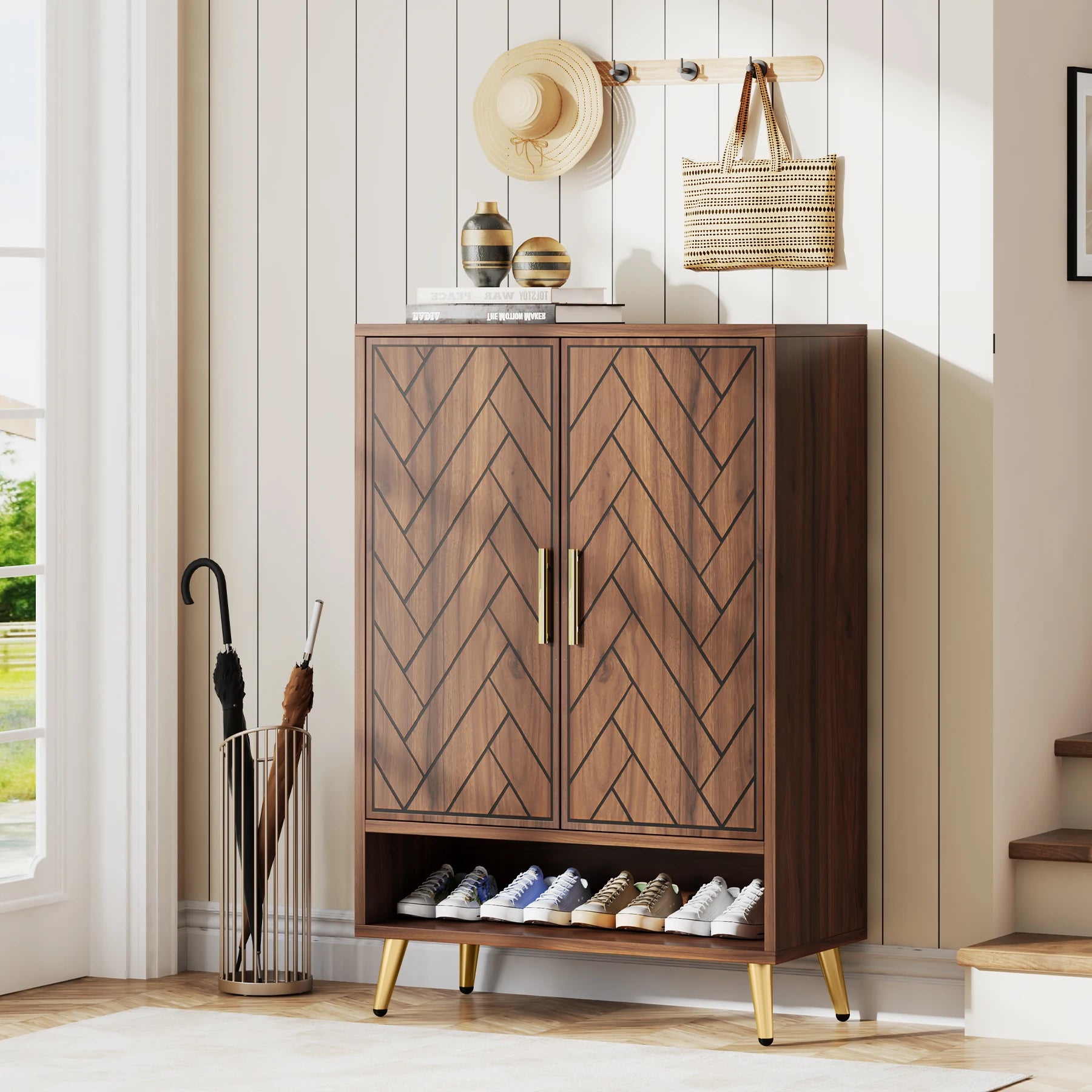 Tribesigns 6-Tier Shoe Cabinet with Doors, Walnut Wooden Shoe Storage Cabinet with Adjustable Shelves for Entryway