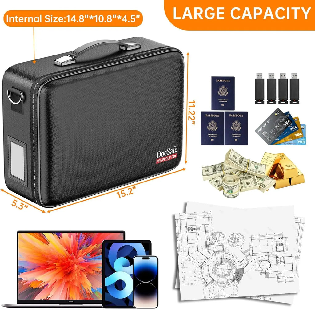 Fireproof Document Box with Lock & Shoulder Strap