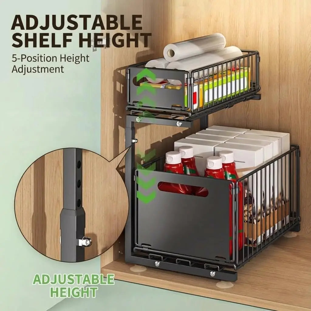 Two Tier Height Adjustable Metal Pull Out Rack Organizer with Sliding Mesh Drawers