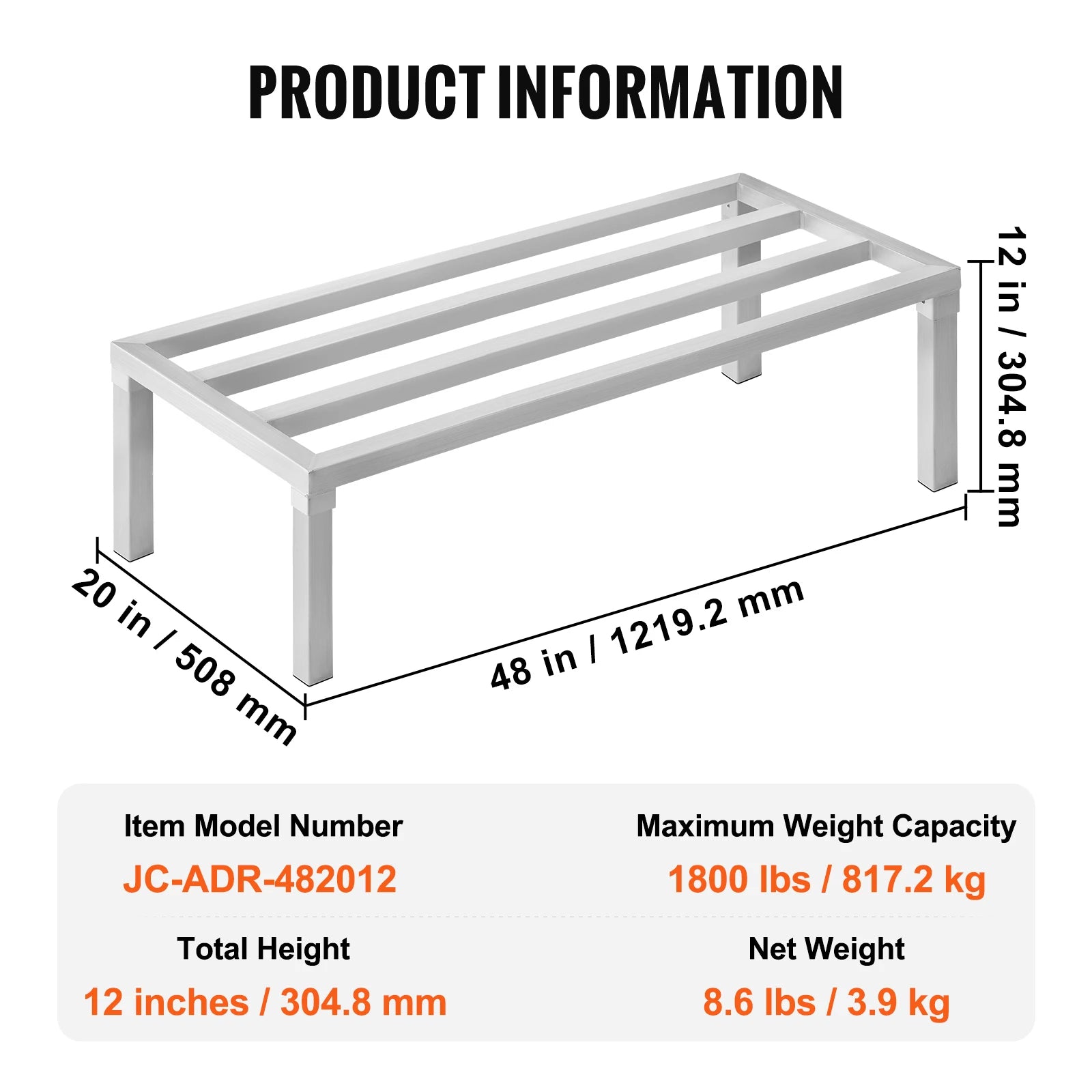 SucceBuy 1800 lbs Aluminum Dunnage Rack Commercial Food 8” Off the Floor Rack All-Welded Storage Rack for Kitchens Garages