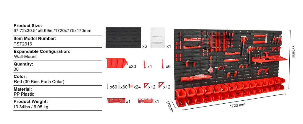 Wall Mounted Peg Board with Storage Bins & Tools/Parts Rack Organizer