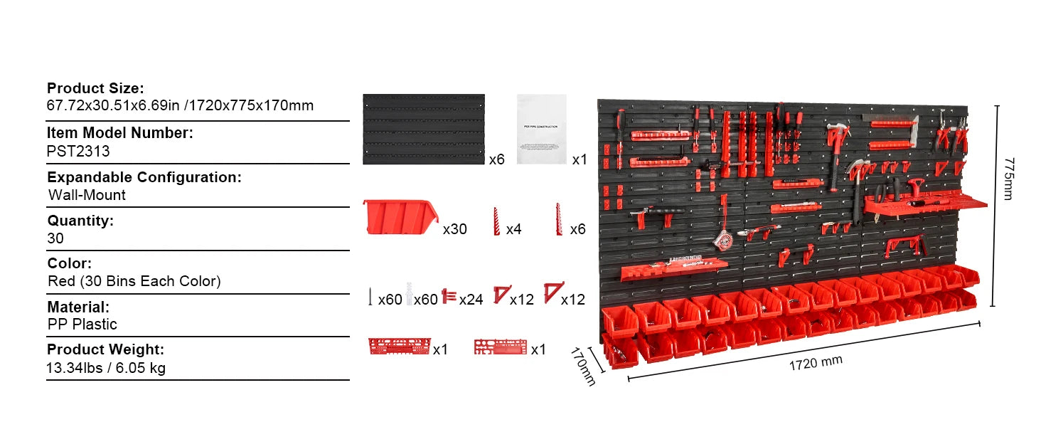 Wall Mounted Peg Board with Storage Bins & Tools/Parts Rack Organizer