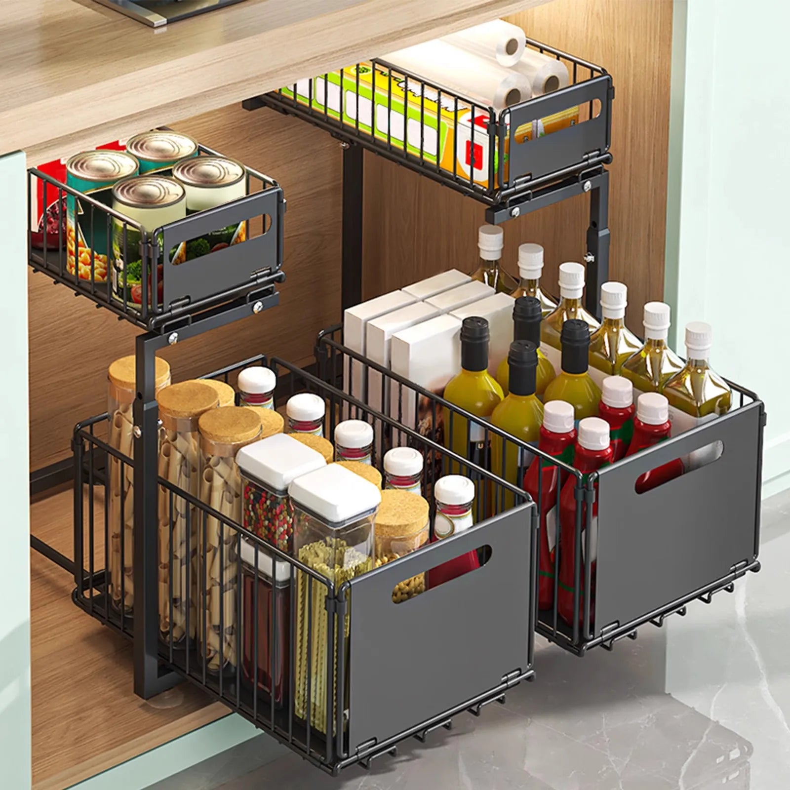Two Tier Height Adjustable Metal Pull Out Rack Organizer with Sliding Mesh Drawers