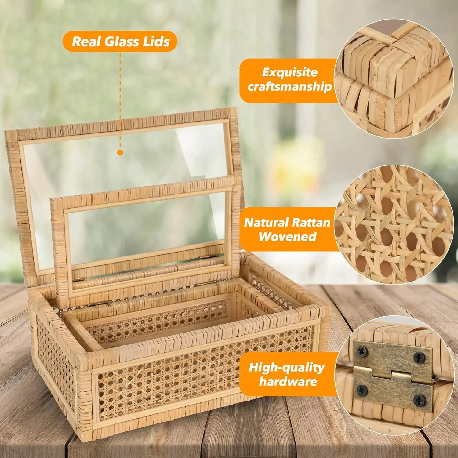 Handwoven Rattan Display Boxes with Glass Lids