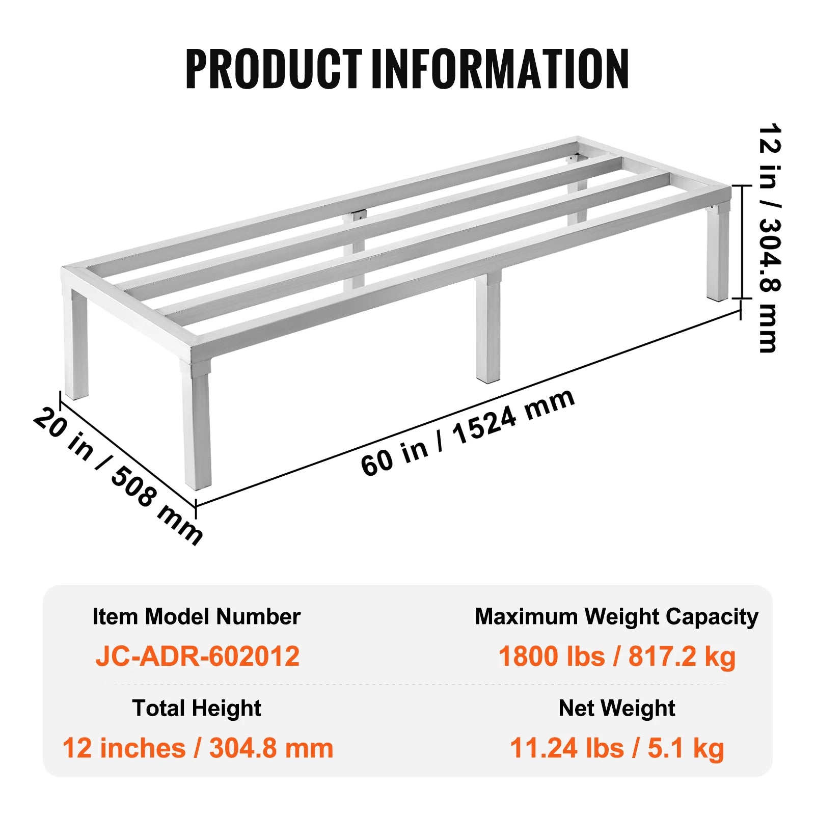 SucceBuy 1800 lbs Aluminum Dunnage Rack Commercial Food 8” Off the Floor Rack All-Welded Storage Rack for Kitchens Garages