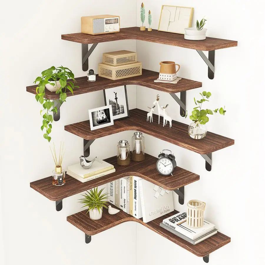 Rustic Wood Wall Mounted Floating Corner Shelving