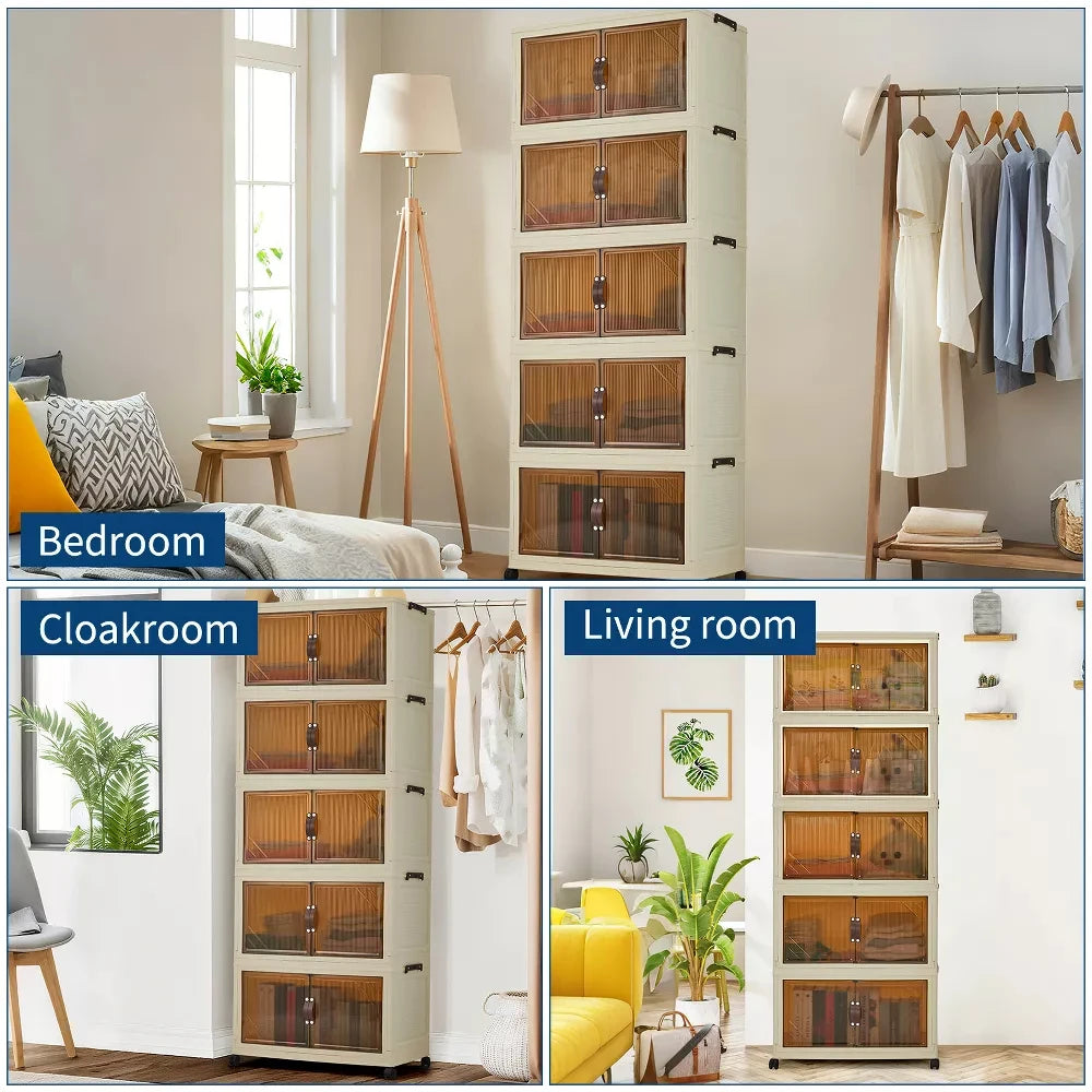 Five Tier Stackable Storage Boxes with Wheels & Folding Drawers