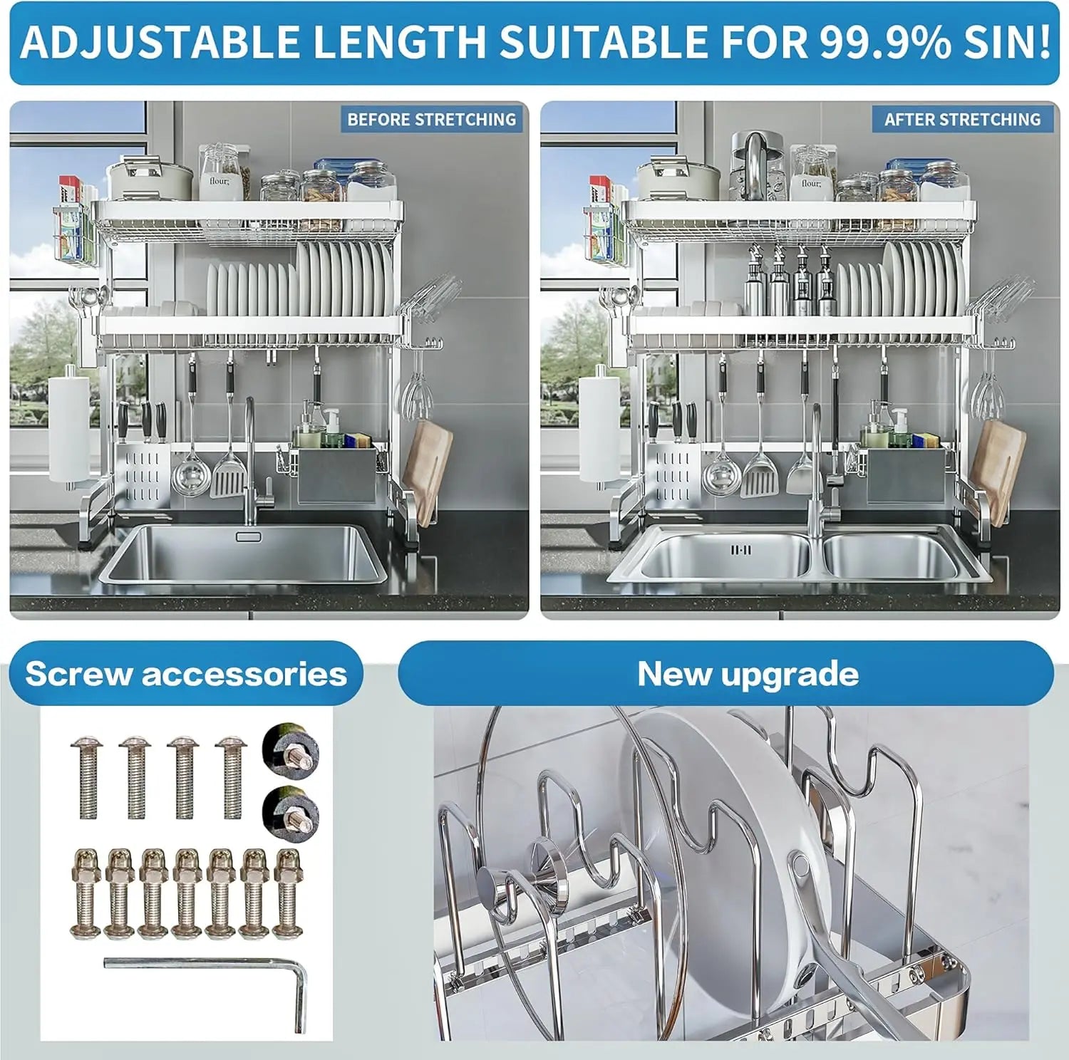 Three Tier Adjustable Stainless Steel Over-Sink Dish Drying Rack