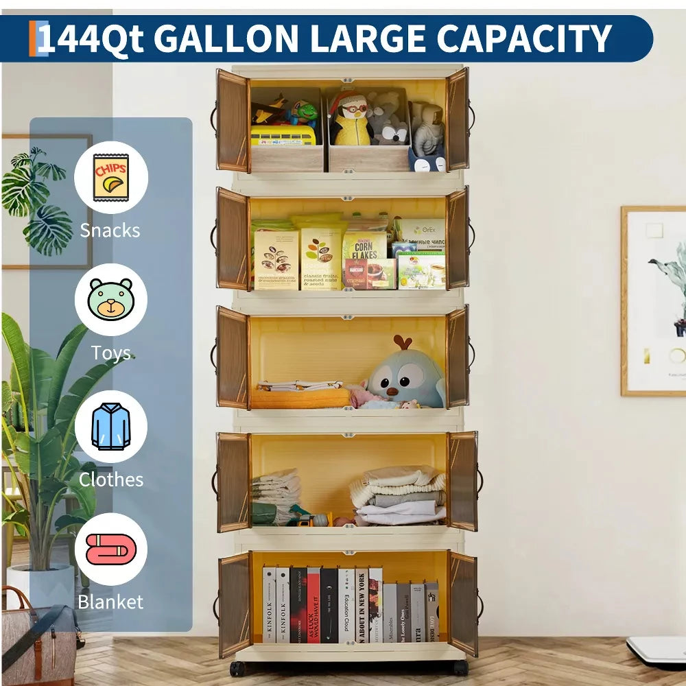Five Tier Stackable Storage Boxes with Wheels & Folding Drawers