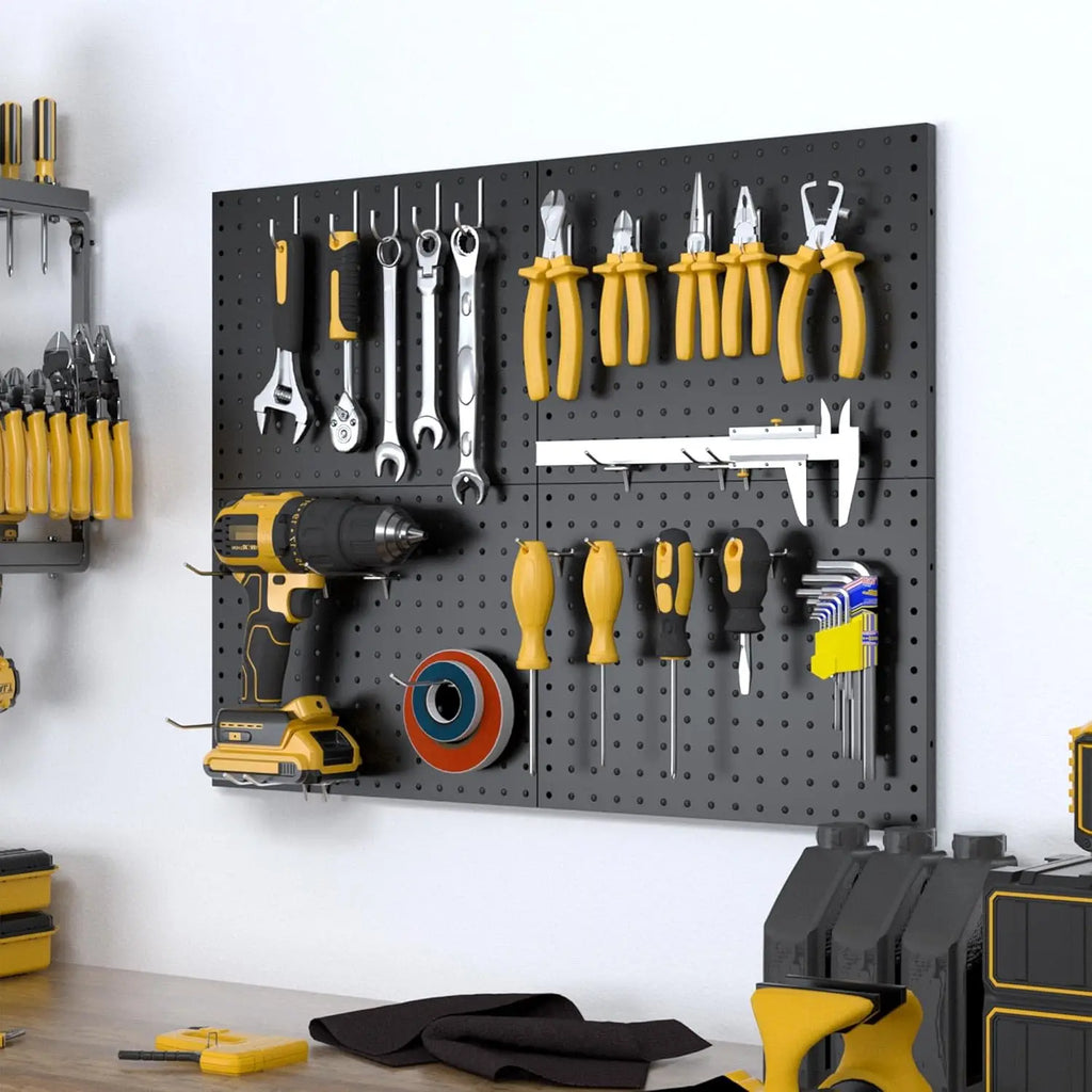 4-Pack Wall Mounted Black Metal Pegboard Panels with 50 Hooks,