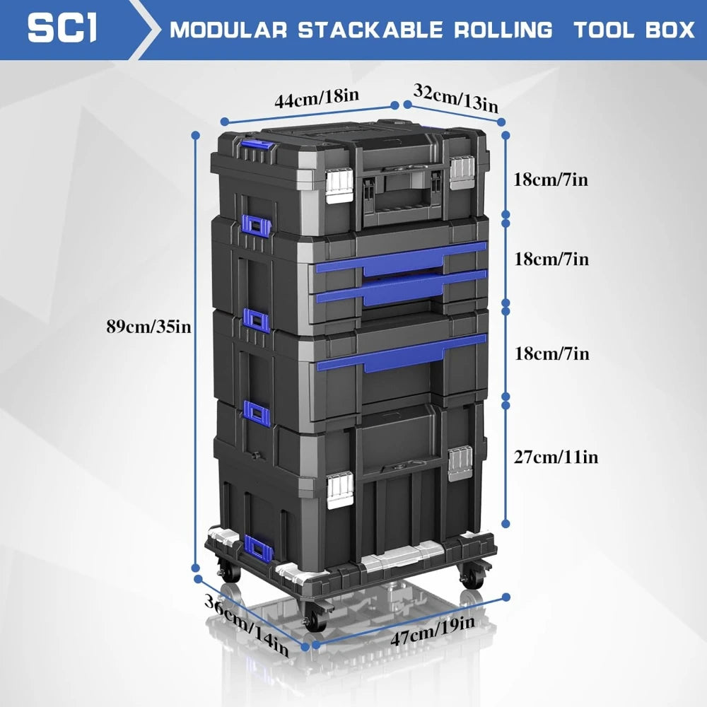 Four Tier Rolling Stackable Modular Tool Organizer with Drawers
