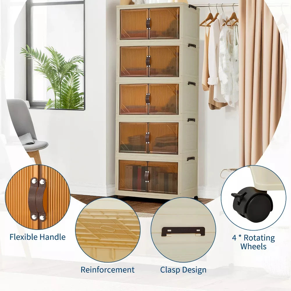 Five Tier Stackable Storage Boxes with Wheels & Folding Drawers