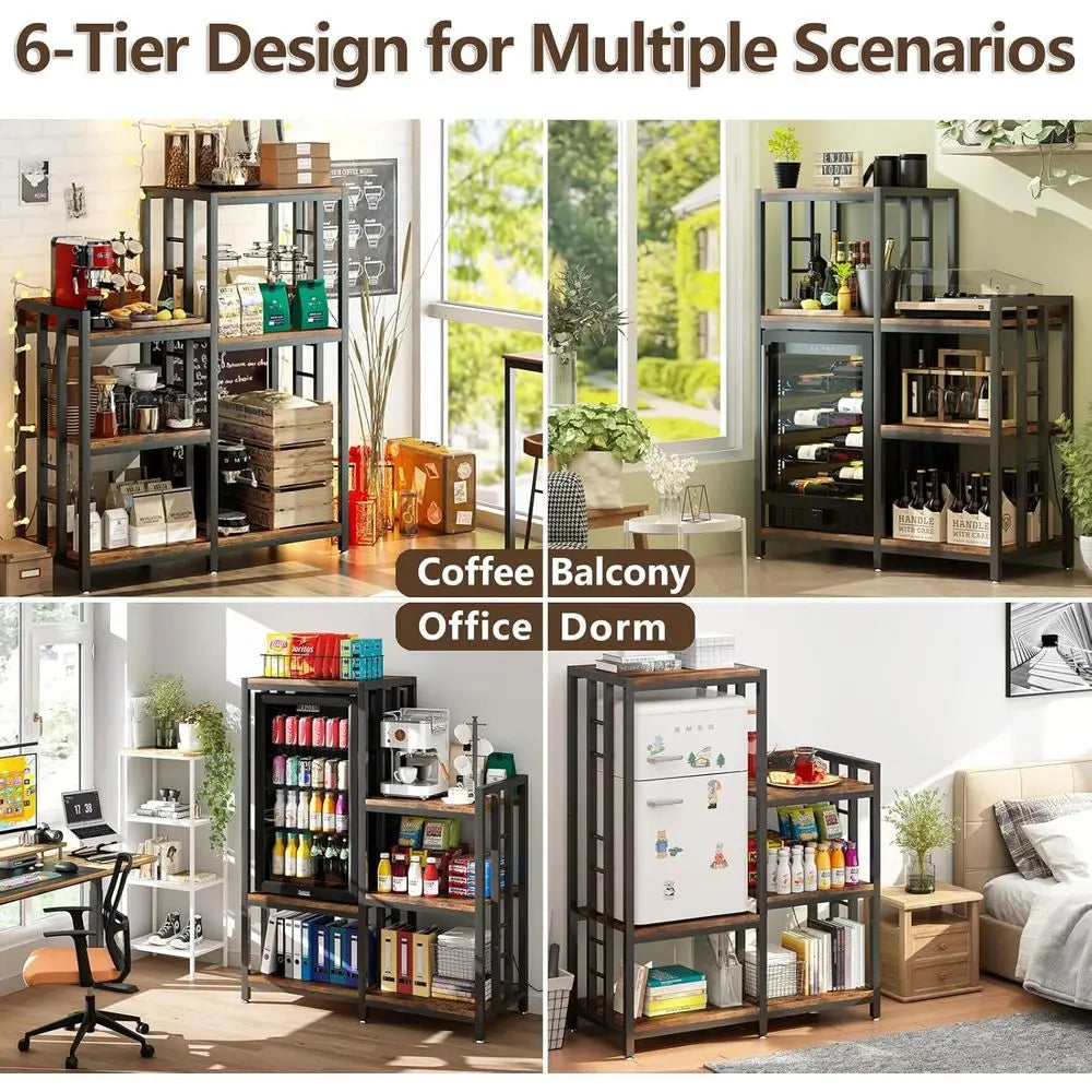 Six Tier Kitchen Storage Cabinet with Power Outlet, Baker's Rack, Mini Fridge & Microwave Stand, Coffee Bar