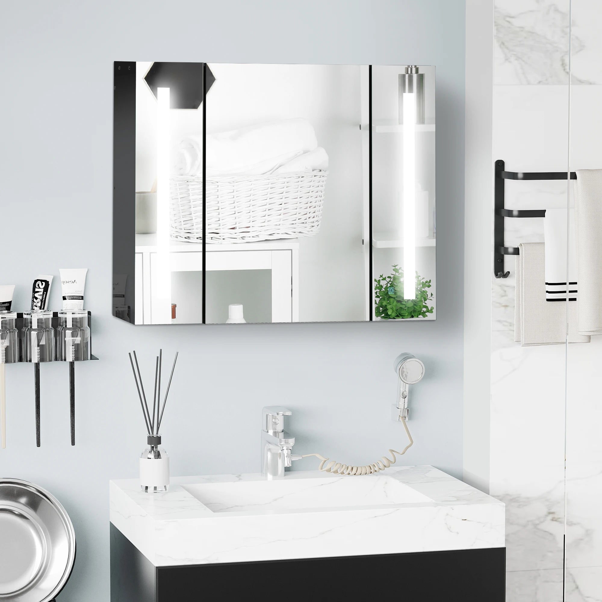 LED Wall Mounted Medicine Cabinet with 3 Mirrored Doors