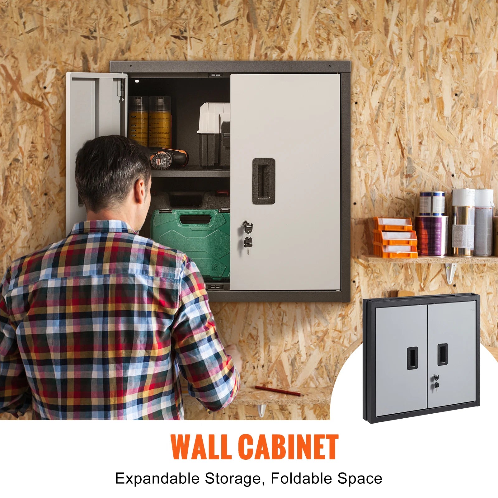 Metal Foldable Wall Cabinet with Magnetic Door & Adjustable Shelving