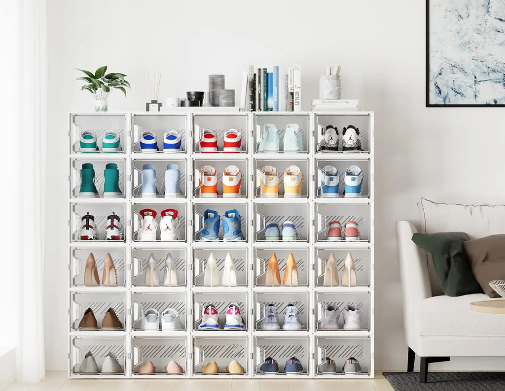 12 Pack Clear Plastic Stackable Shoe Storage Boxes with Magnetic Doors
