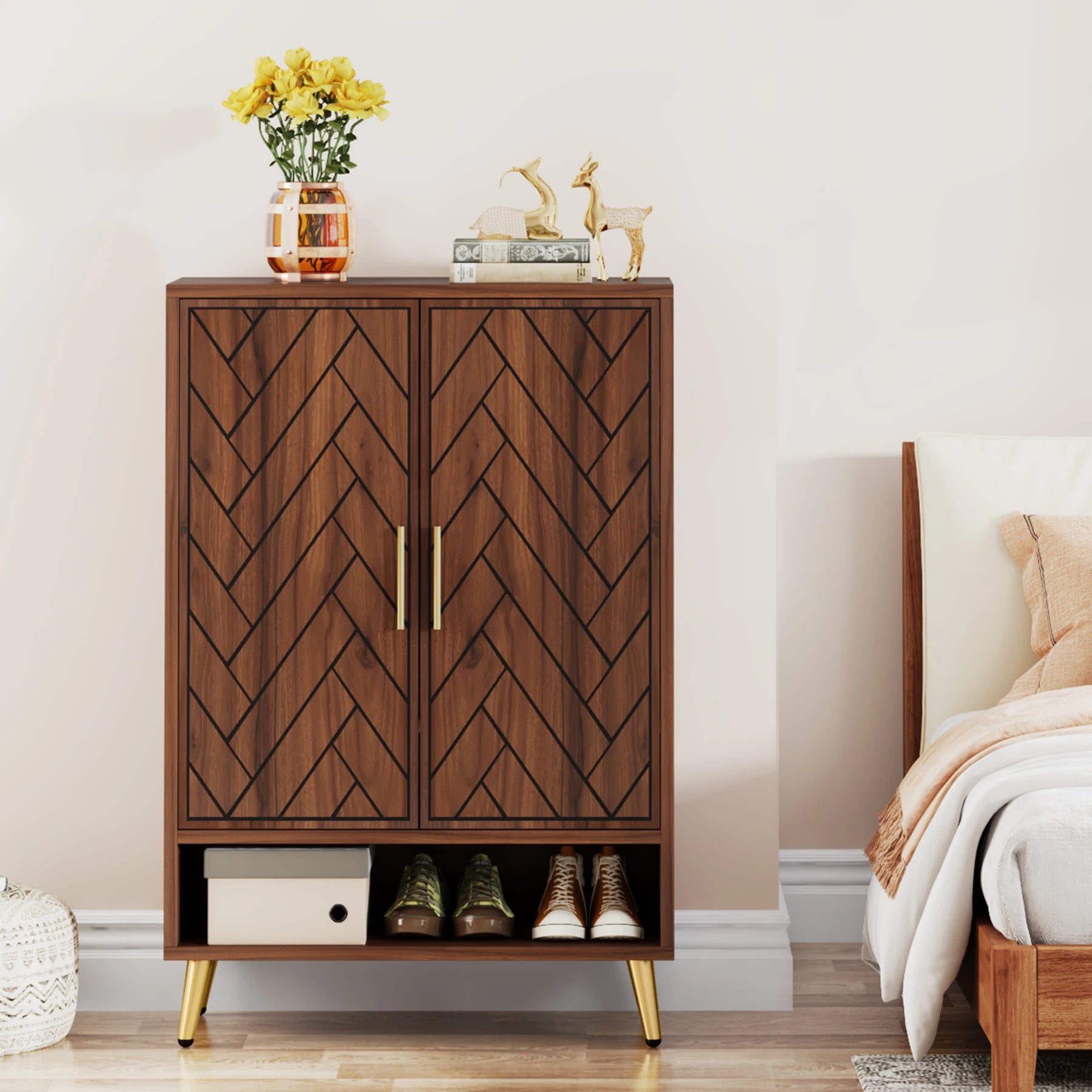 Tribesigns 6-Tier Shoe Cabinet with Doors, Walnut Wooden Shoe Storage Cabinet with Adjustable Shelves for Entryway