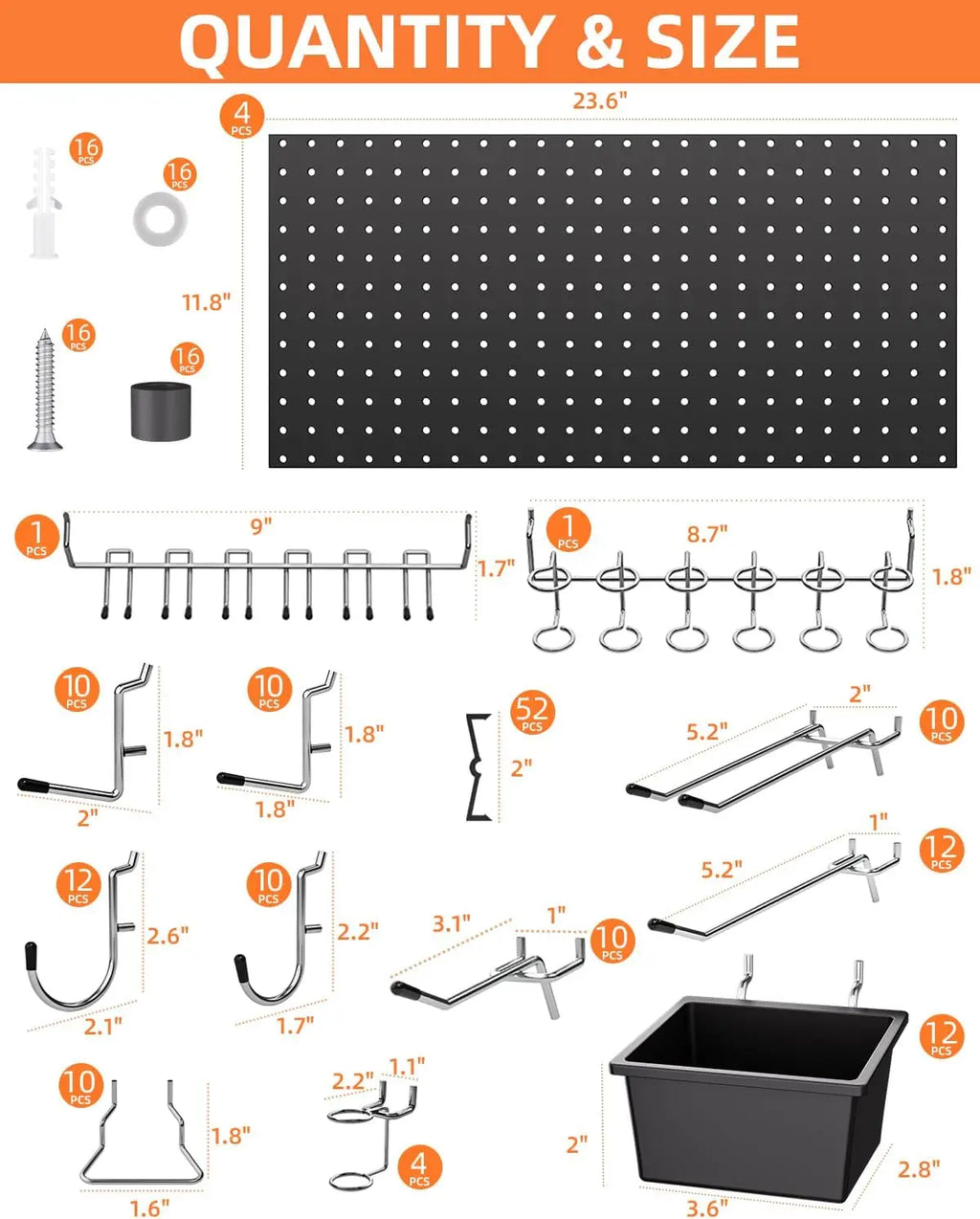 158PCS Metal Pegboard Wall Mounted Tool & Hardware Organizer