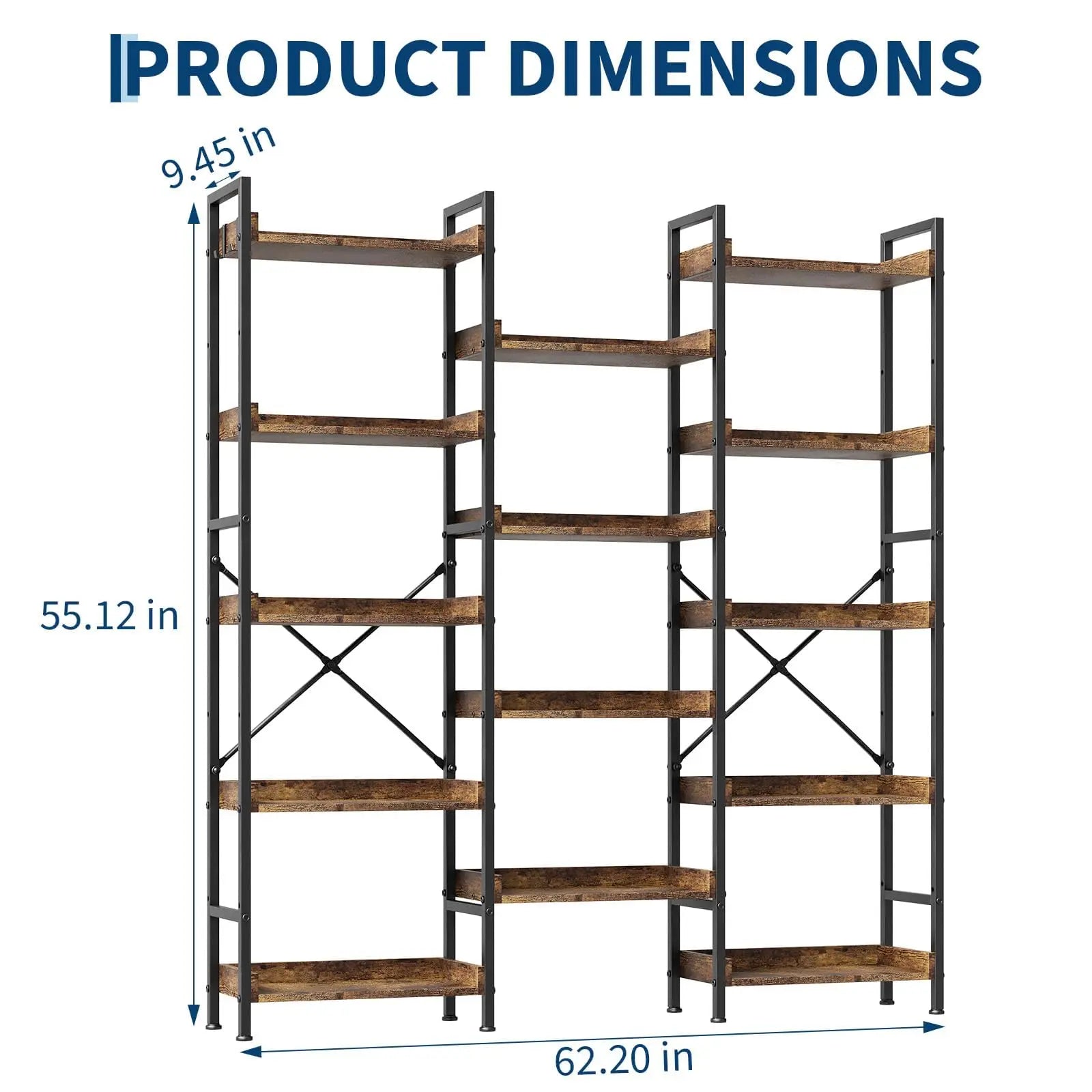 Triple Five Tier Industrial Wooden Bookcase Storage Rack