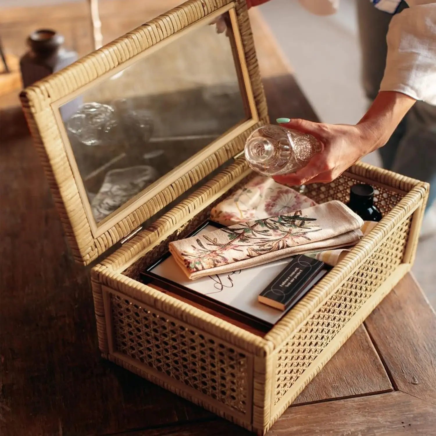 Handwoven Rattan Display Boxes with Glass Lids