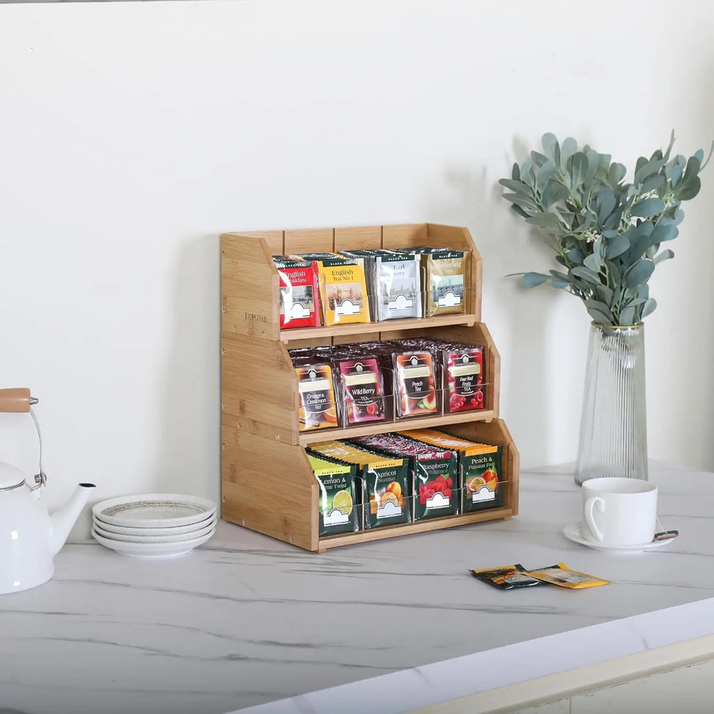 Three Tier Bamboo Tea Bag Organizer with Adjustable Compartments