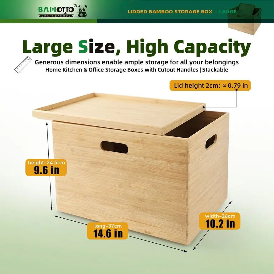 Lidded Stackable Bamboo Storage Bins with Handles