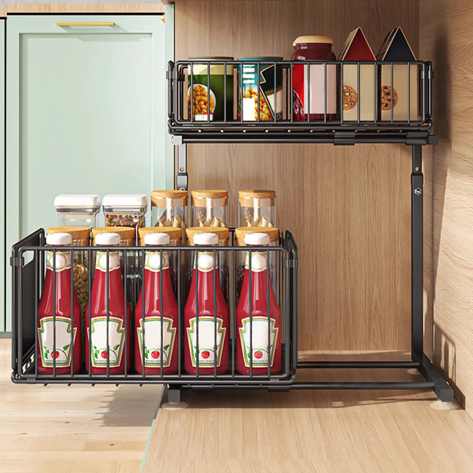 Two Tier Height Adjustable Metal Pull Out Rack Organizer with Sliding Mesh Drawers