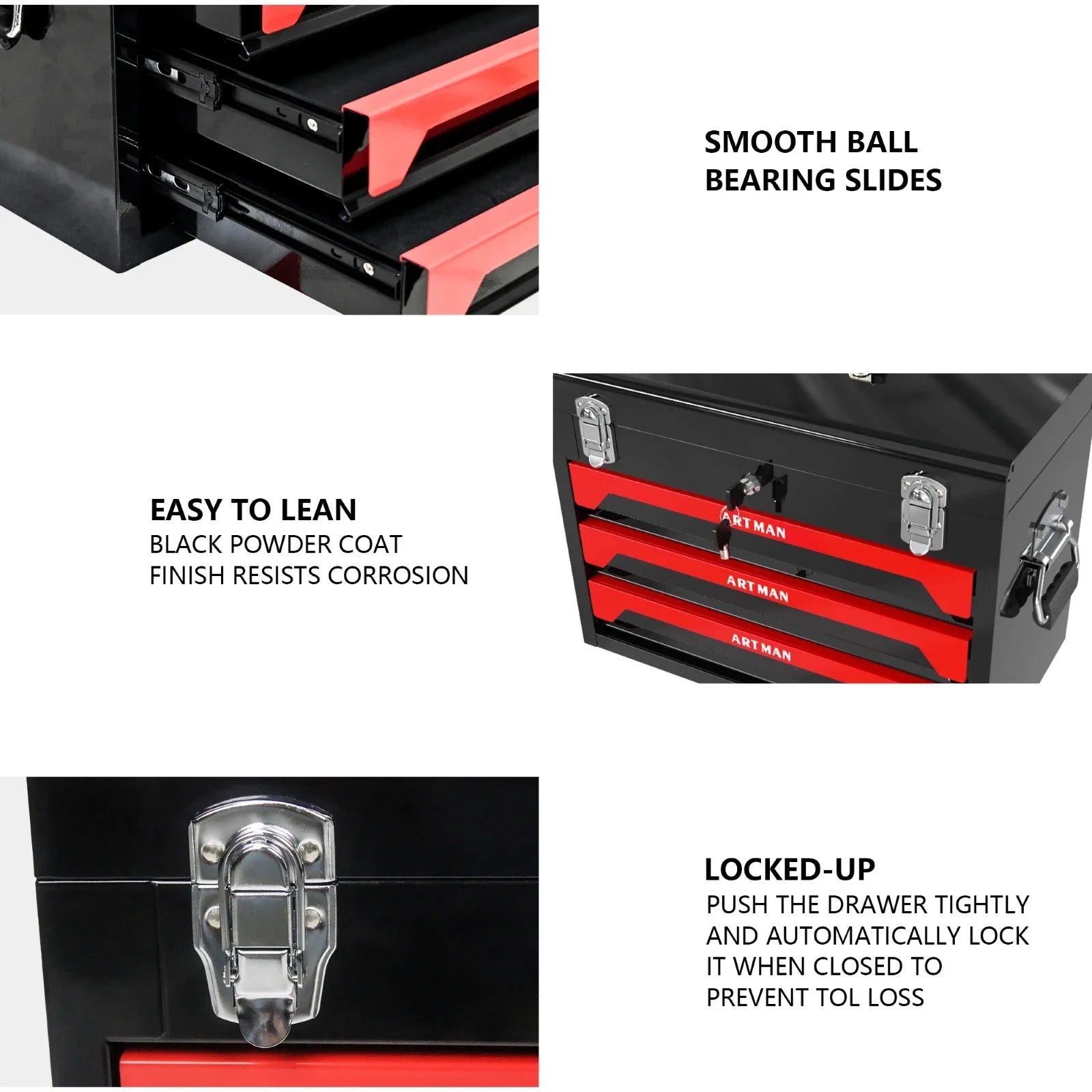 3 Drawer Portable Metal Tool Box with EVC Liner and Lock