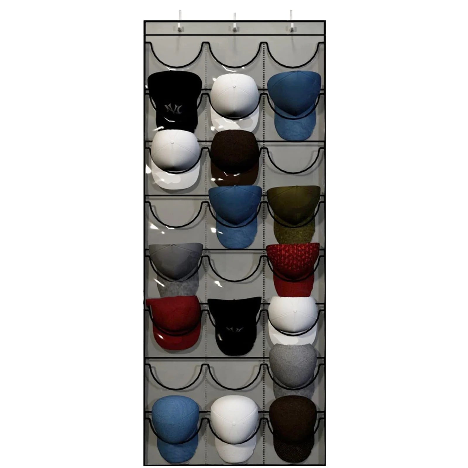Three Hook Wall Hanging Hat Organizer with 24 Deep Pockets
