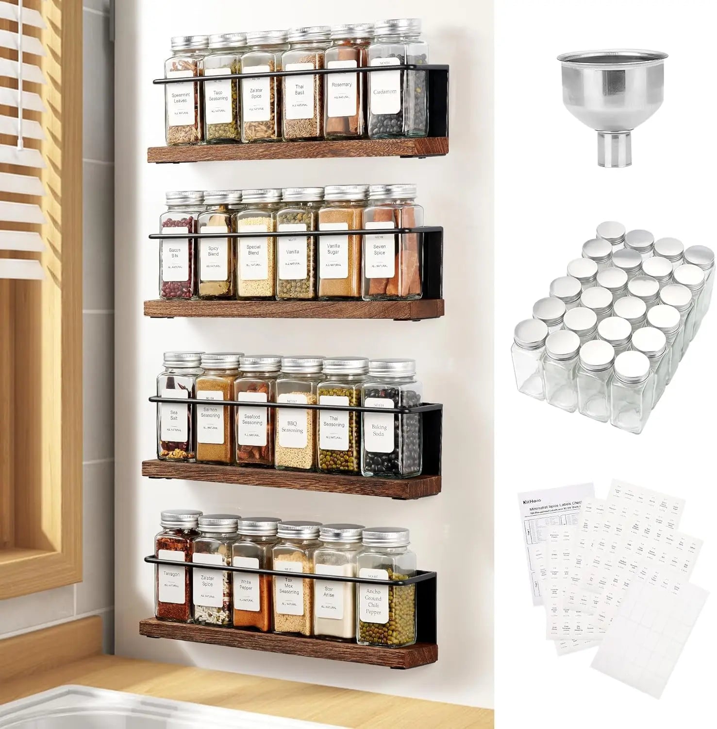 Magnetic Spice Rack with 24 Glass Jars, 216 Labels, & Steel Funnel for Easy Pouring