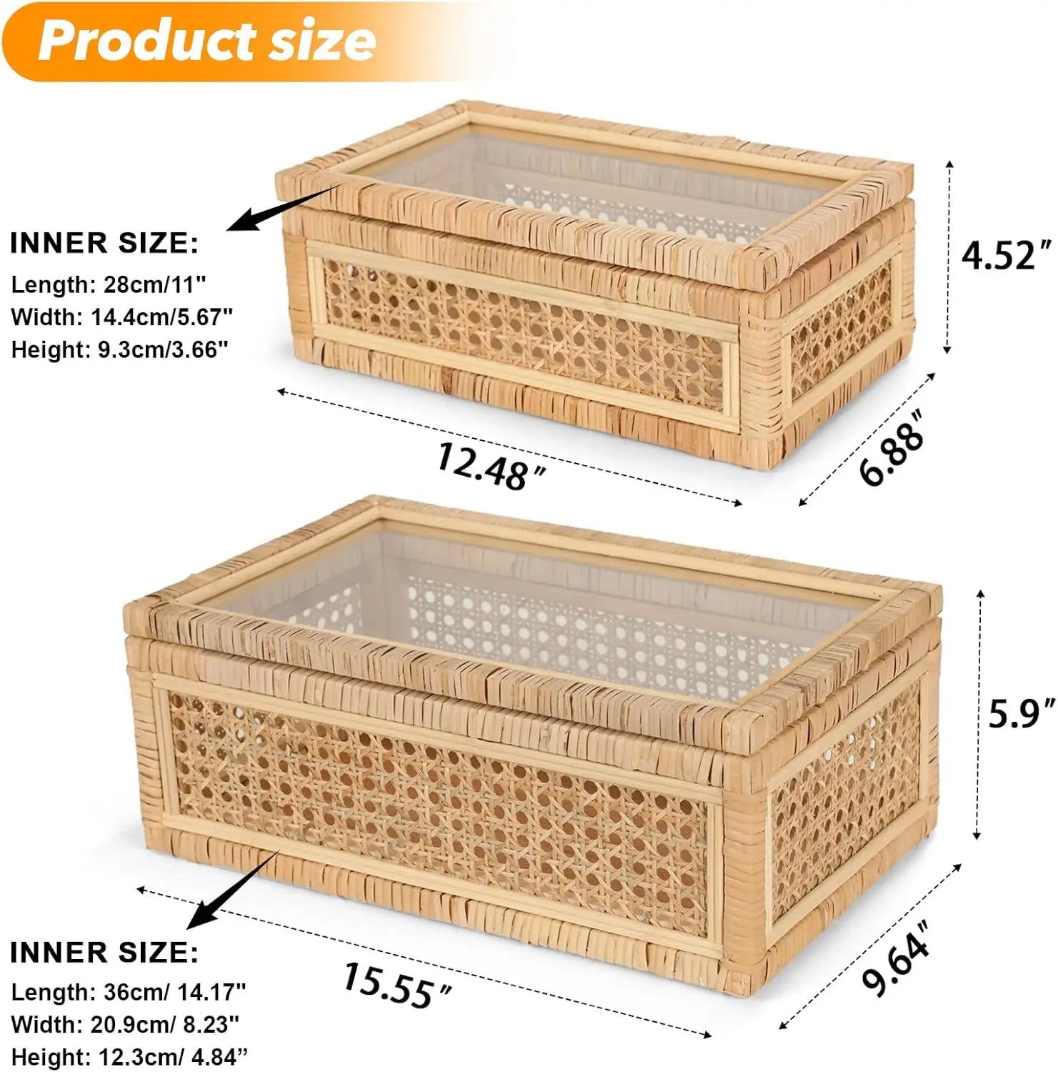 Handwoven Rattan Display Boxes with Glass Lids