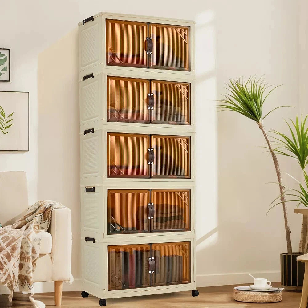 Five Tier Stackable Storage Boxes with Wheels & Folding Drawers