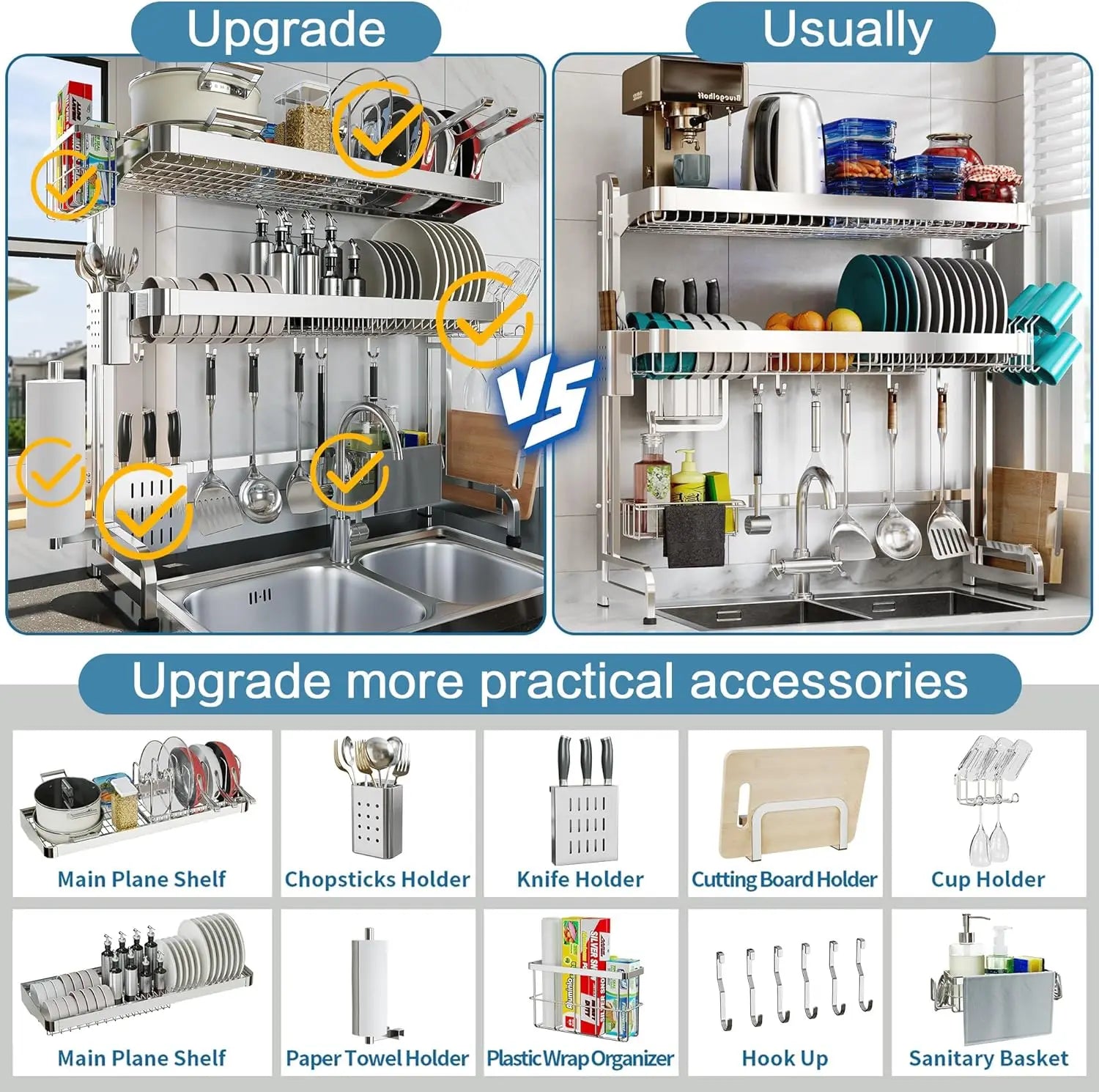 Three Tier Adjustable Stainless Steel Over-Sink Dish Drying Rack