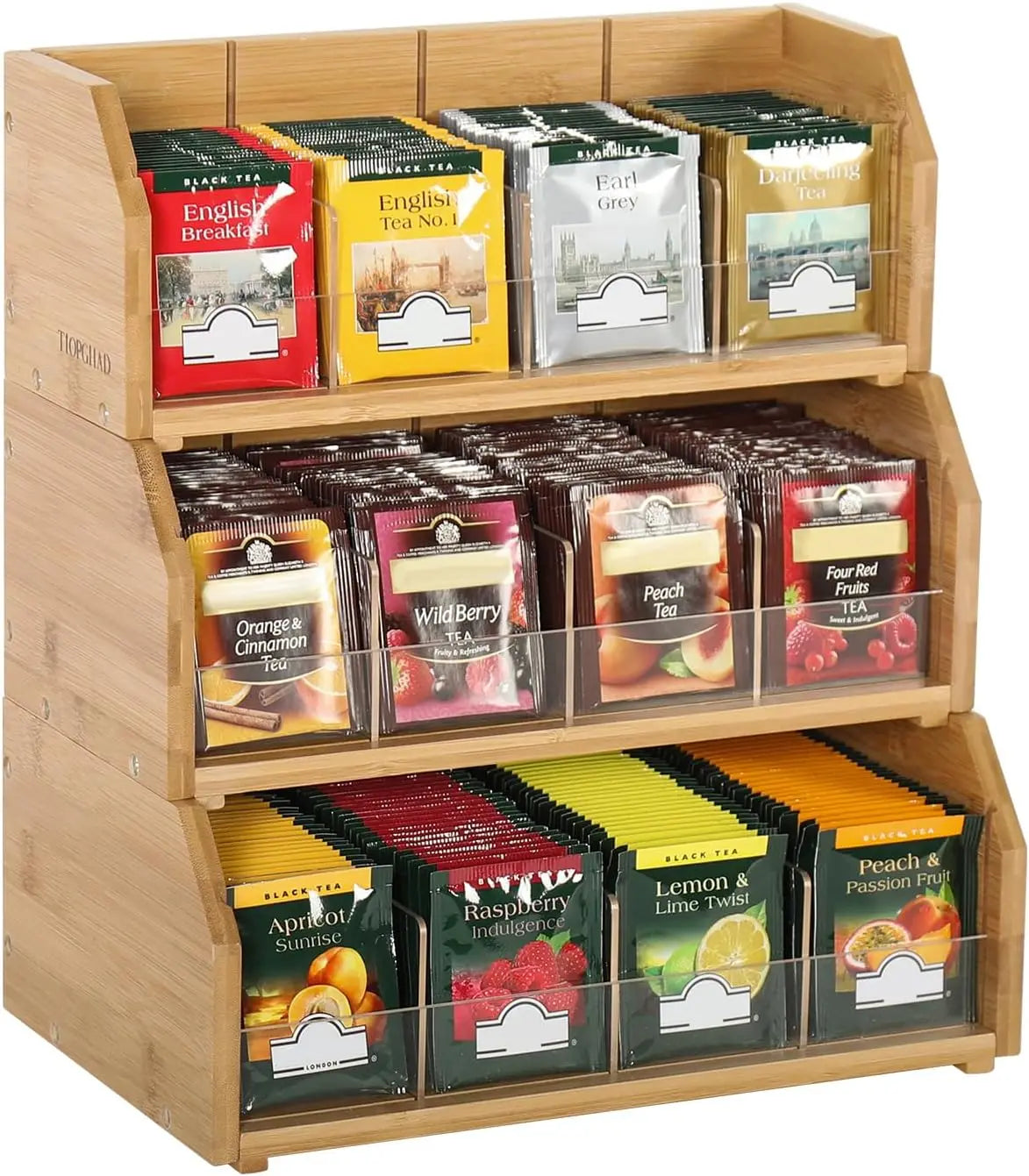 Three Tier Bamboo Tea Bag Organizer with Adjustable Compartments