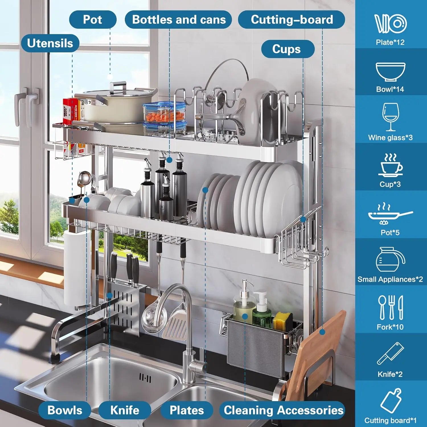 Three Tier Adjustable Stainless Steel Over-Sink Dish Drying Rack