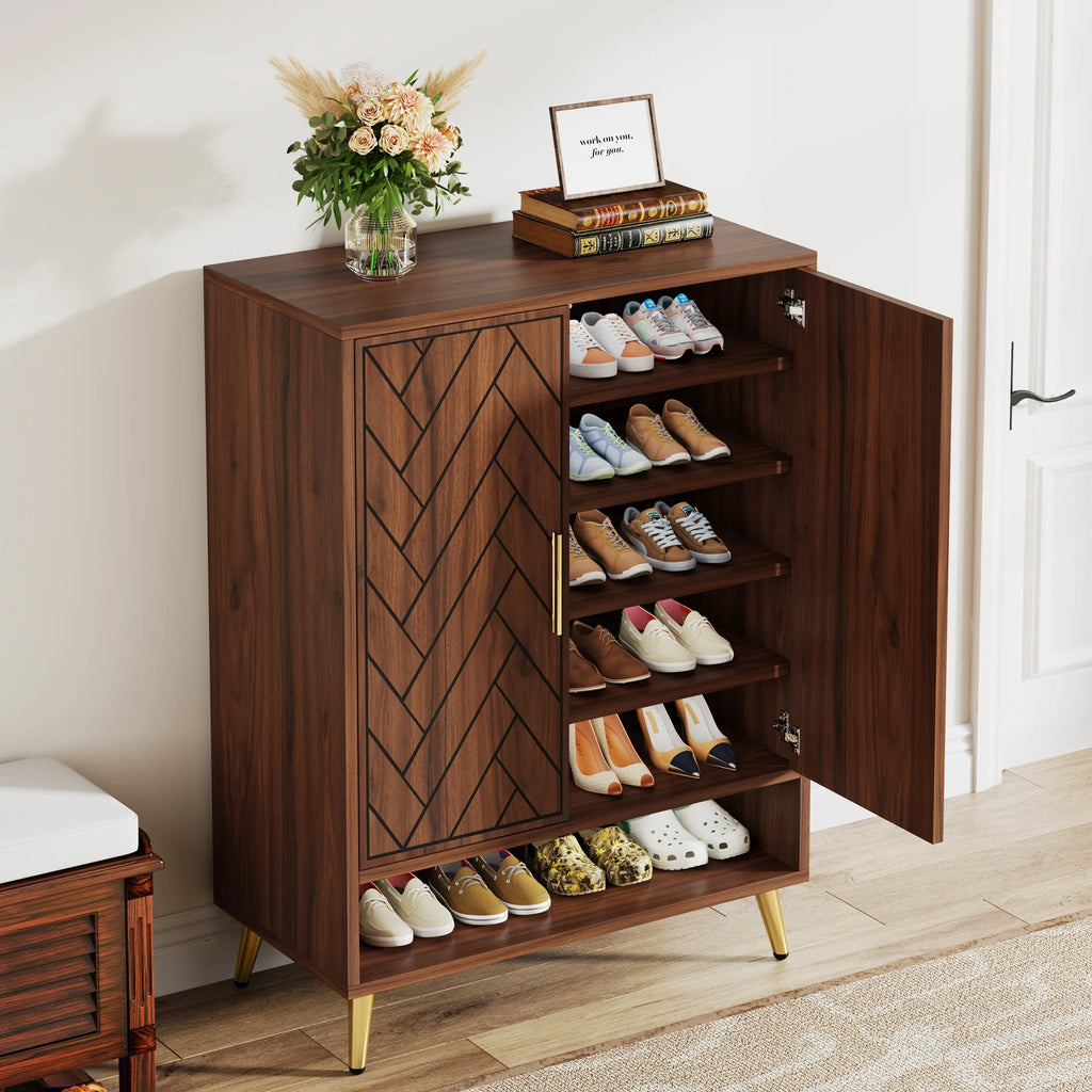 Tribesigns 6-Tier Shoe Cabinet with Doors, Walnut Wooden Shoe Storage Cabinet with Adjustable Shelves for Entryway