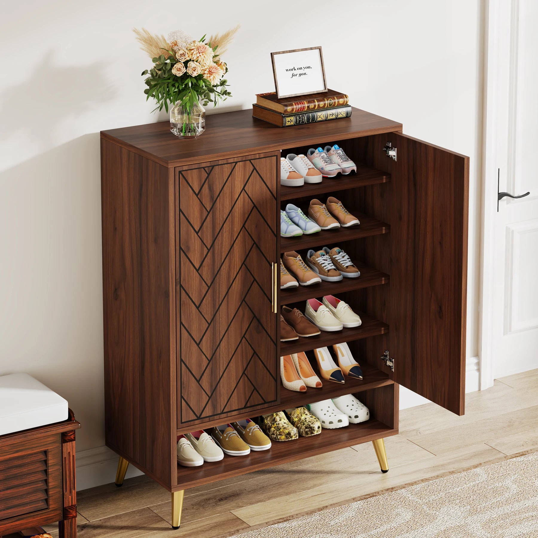 Tribesigns 6-Tier Shoe Cabinet with Doors, Walnut Wooden Shoe Storage Cabinet with Adjustable Shelves for Entryway