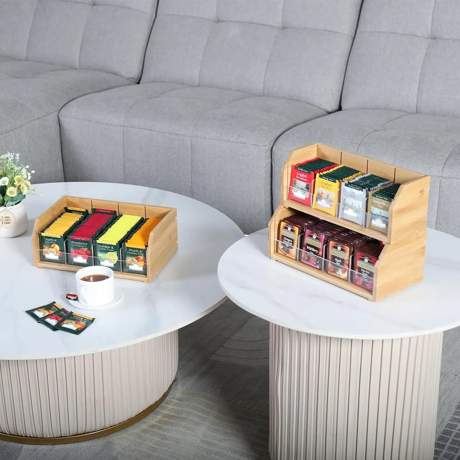 Three Tier Bamboo Tea Bag Organizer with Adjustable Compartments