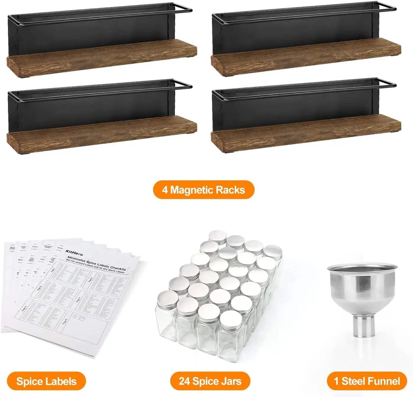 Magnetic Spice Rack with 24 Glass Jars, 216 Labels, & Steel Funnel for Easy Pouring