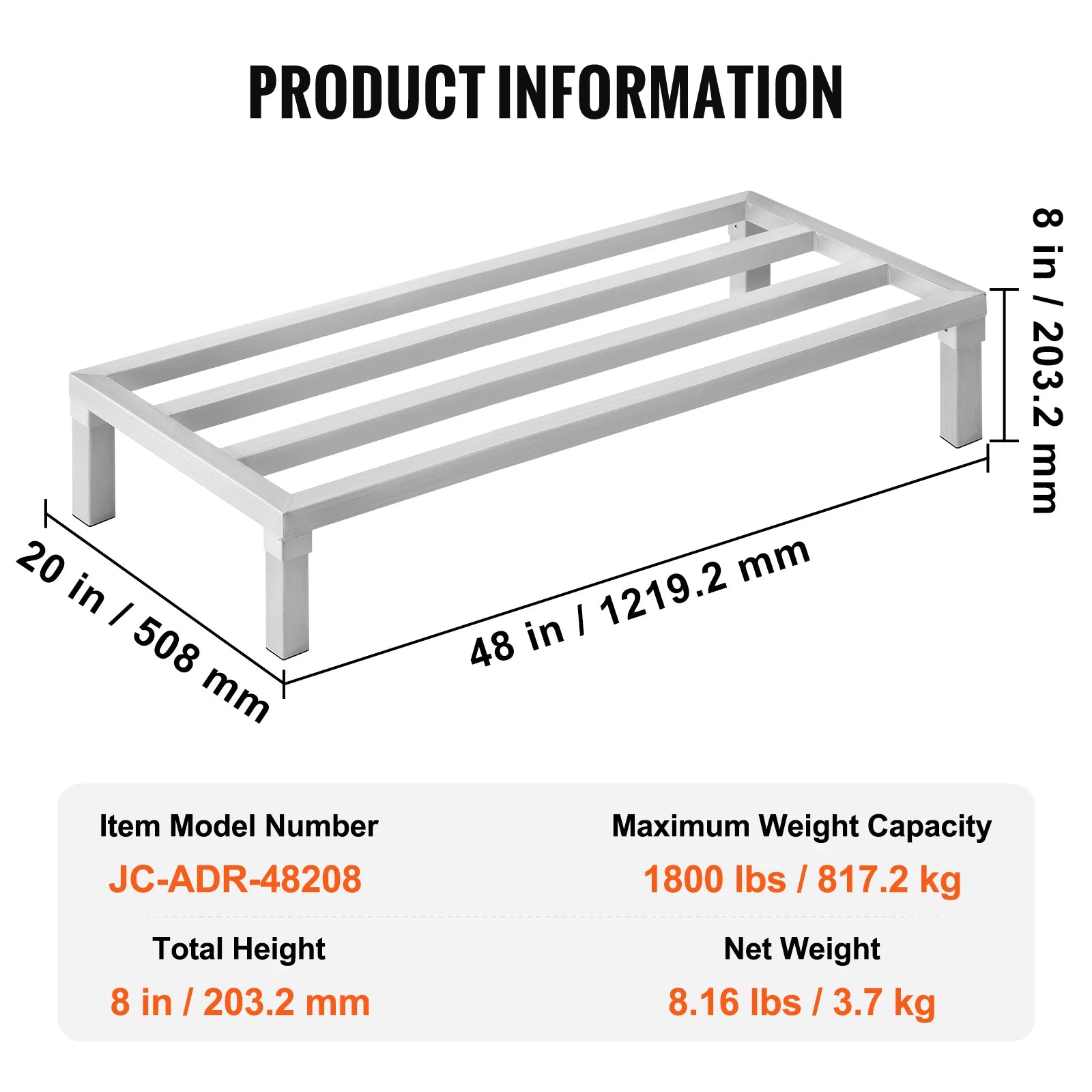 SucceBuy 1800 lbs Aluminum Dunnage Rack Commercial Food 8” Off the Floor Rack All-Welded Storage Rack for Kitchens Garages