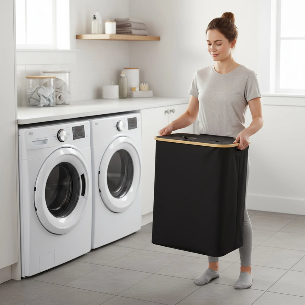 Foldable Oxford 2 Sections Laundry Storage Basket with Lid