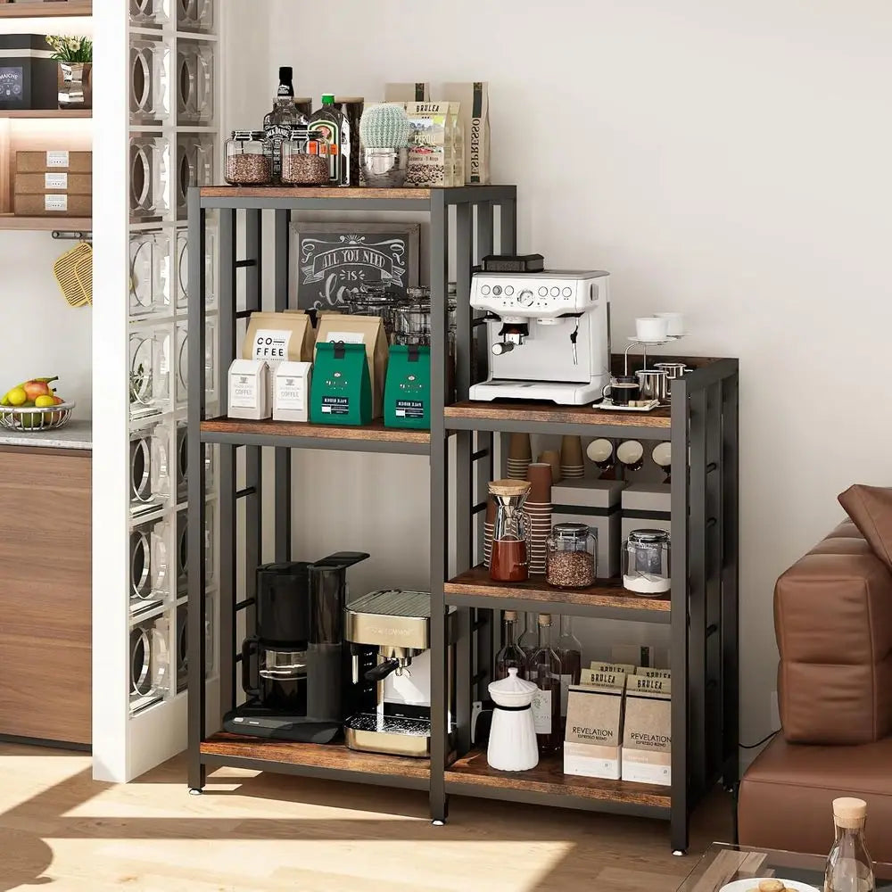 Six Tier Kitchen Storage Cabinet with Power Outlet, Baker's Rack, Mini Fridge & Microwave Stand, Coffee Bar