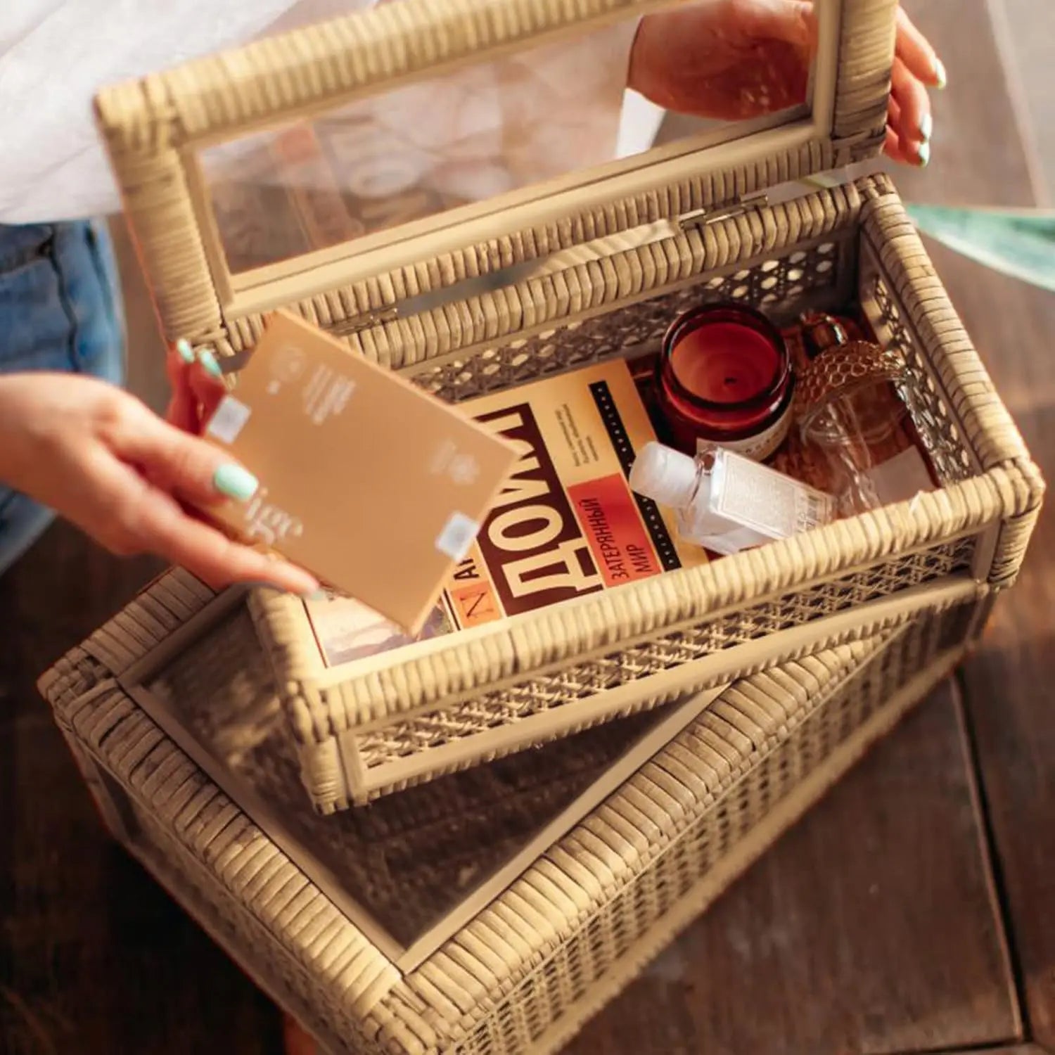 Handwoven Rattan Display Boxes with Glass Lids