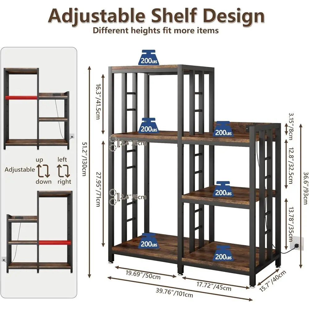 Six Tier Kitchen Storage Cabinet with Power Outlet, Baker's Rack, Mini Fridge & Microwave Stand, Coffee Bar