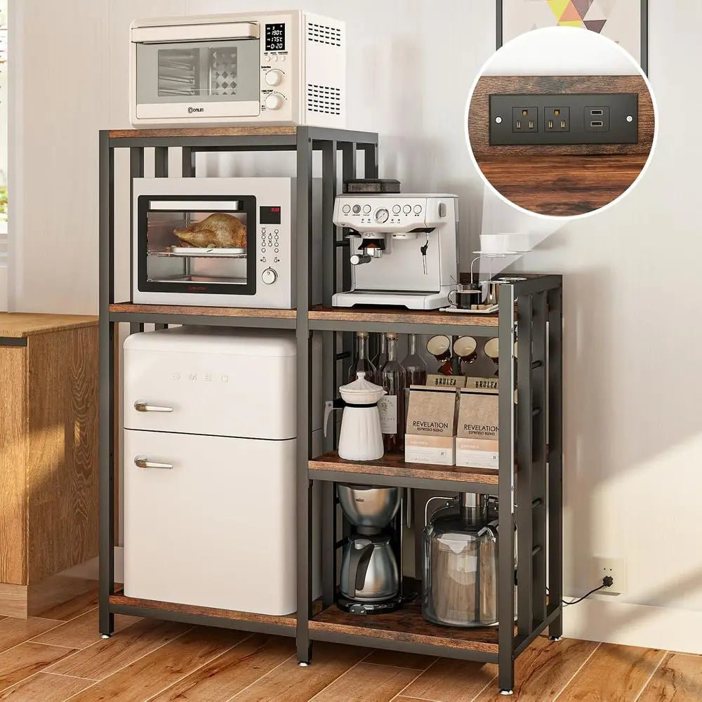 Six Tier Kitchen Storage Cabinet with Power Outlet, Baker's Rack, Mini Fridge & Microwave Stand, Coffee Bar