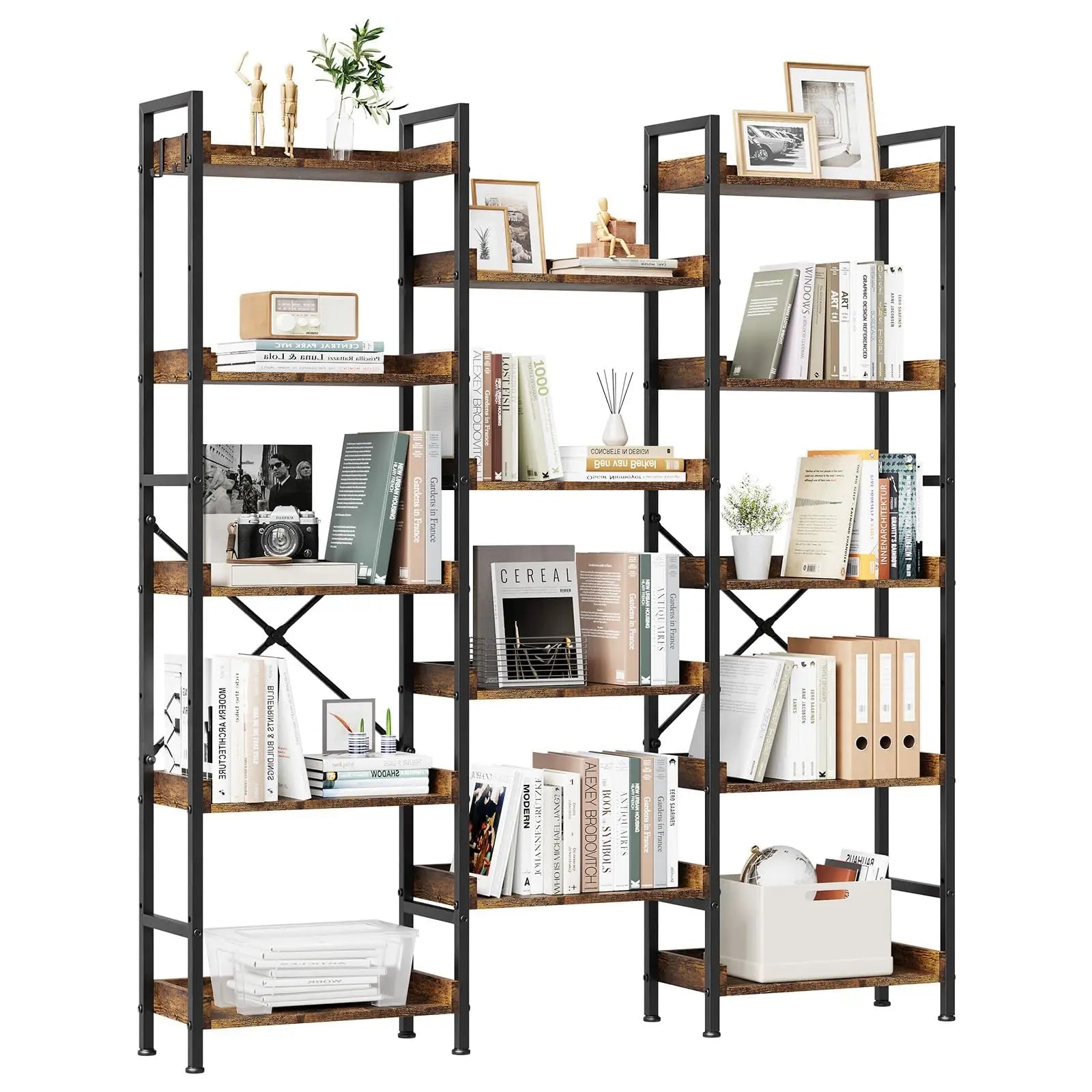 Triple Five Tier Industrial Wooden Bookcase Storage Rack