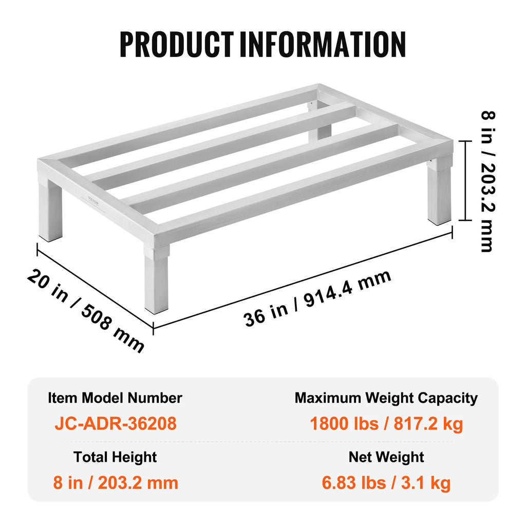 SucceBuy 1800 lbs Aluminum Dunnage Rack Commercial Food 8” Off the Floor Rack All-Welded Storage Rack for Kitchens Garages