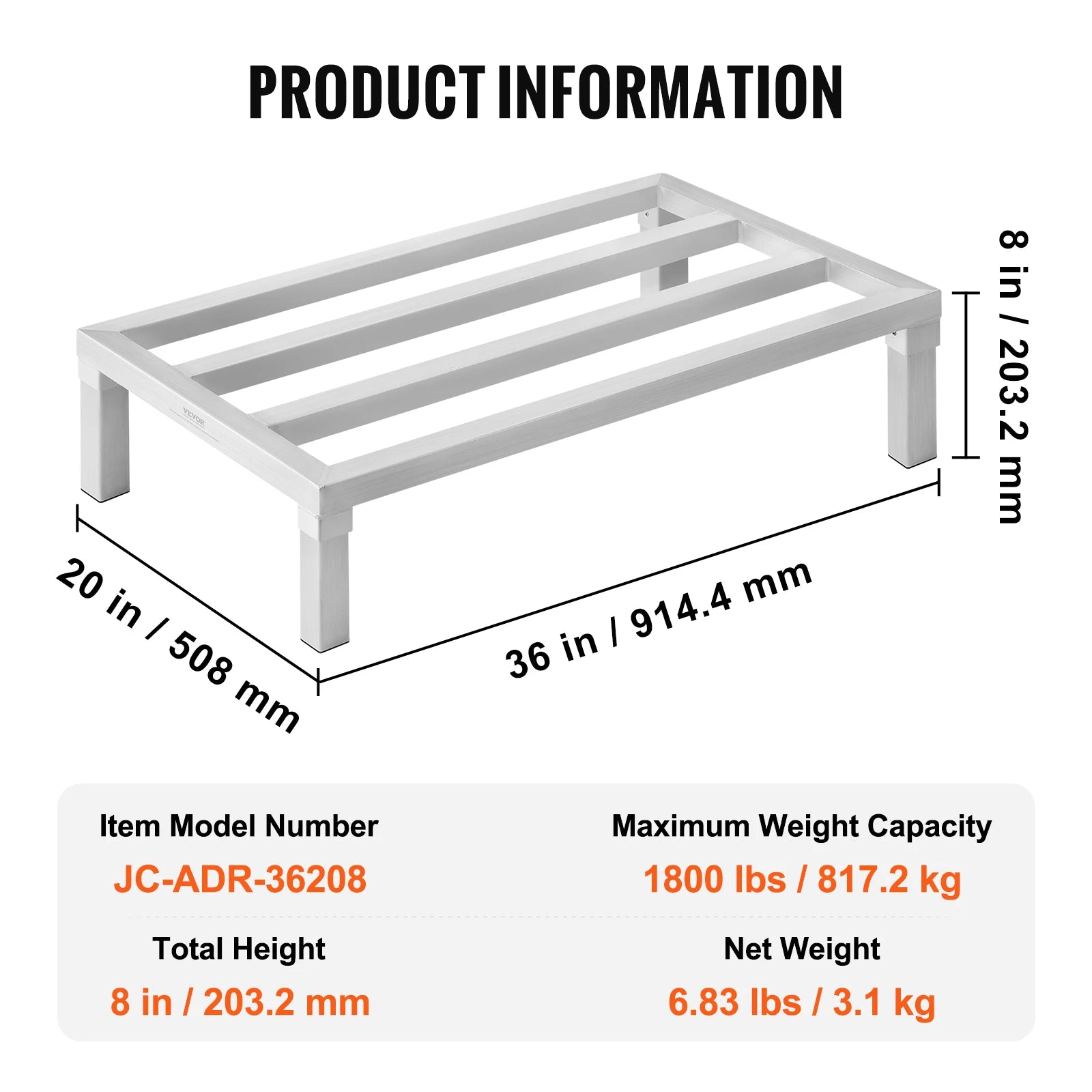 SucceBuy 1800 lbs Aluminum Dunnage Rack Commercial Food 8” Off the Floor Rack All-Welded Storage Rack for Kitchens Garages