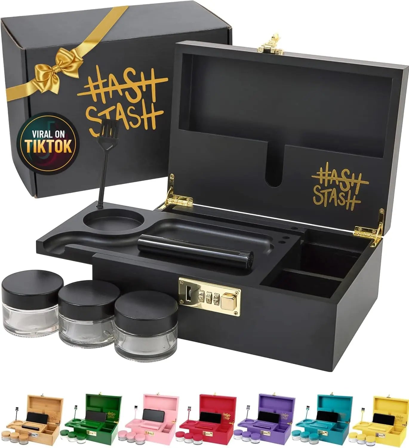 Large Bamboo Storage Box with Lock, Organizer Tray, Airtight Jars & Tube