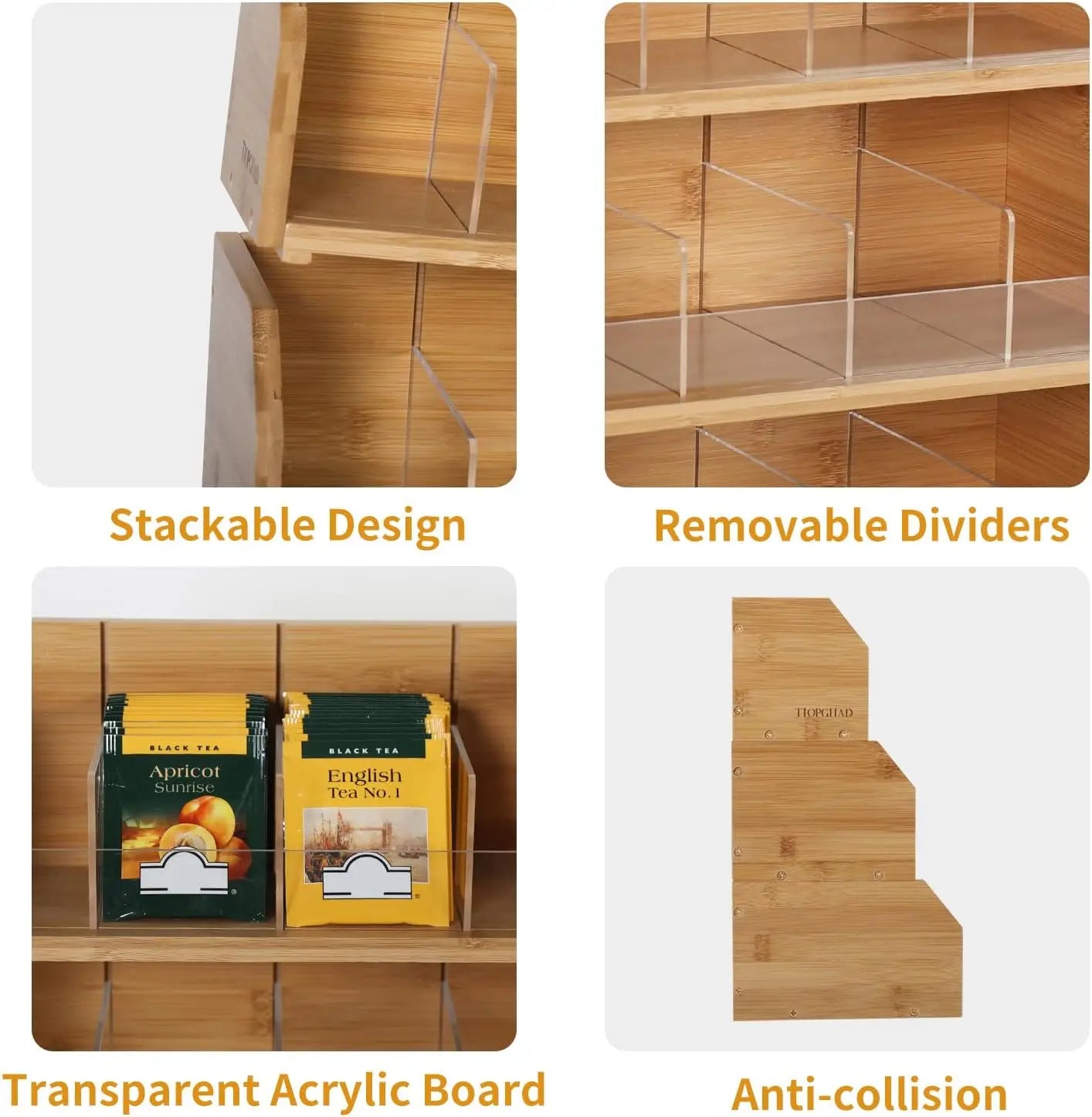 Three Tier Bamboo Tea Bag Organizer with Adjustable Compartments